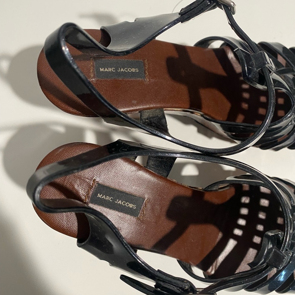 Marc Jacobs Platform Wooden Jelly Fisherman Heel Sandal 37 Block Black - Picture 6 of 11